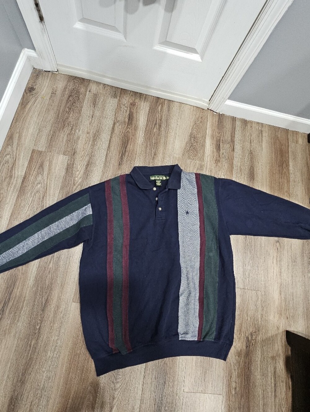 Ralph Lauren Polo Navy Long-Sleeve Polo-Style Pullover with Multicolor Stripes